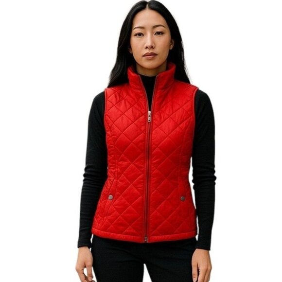 Jones New York Signature Red Quilted Sleeveless Sweater Vest Medium Full Zip - Picture 1 of 9